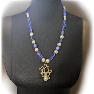 1980s Blue and Faux Pearl Vintage Costume Jewelry Octopus Ocean Necklace